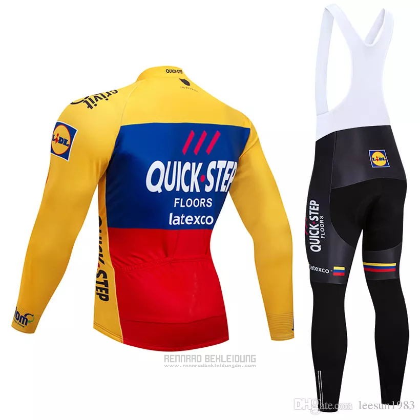 2018 Fahrradbekleidung Quick Step Floors Gelb Blau Rot Trikot Langarm und Tragerhose